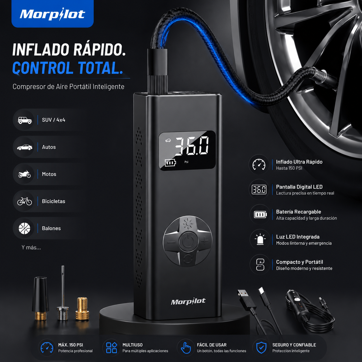 Compresor de Aire Portátil Morpilot 150 PSI – Inflado Inteligente y Preciso para Todo Tipo de Vehículos