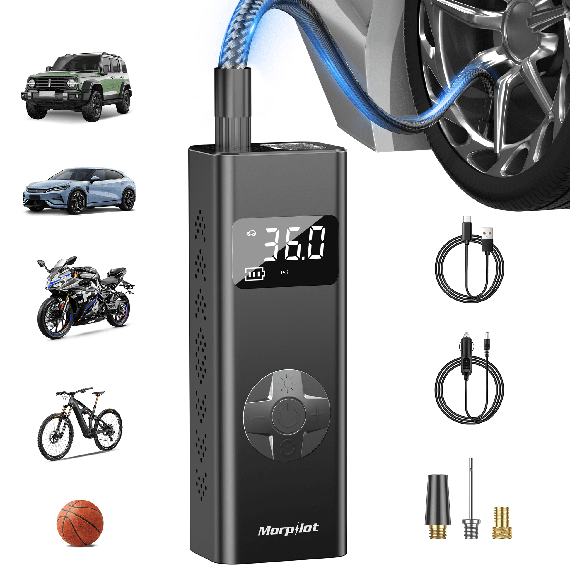 Tire Inflator Portable Air Compressor, 3-150PSI 12V DC Electric Air Pump for Car Tires with Tire Pressure Gauge, Bike Tire Pump with LED Light for Car SUV ATV Motorcycle Bike